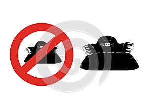 Mole on white background. Black silhouette in a red circle. Symbol of stop garden pest. Sign of ban on a mole.