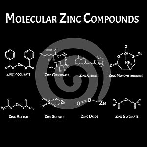 Molecular compounds of zinc. The chemical formula is picolinate, citrate, acetate, monomethionine, sulfate, oxide, zinc photo