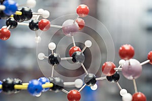 Molecular, DNA and atom model in science research lab