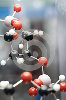 Molecular, DNA and atom model in science research lab