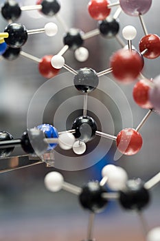 Molecular, DNA and atom model in science research lab