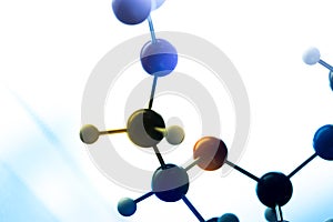 Molecular, DNA and atom model in science research lab