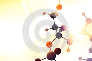 Molecular, DNA and atom model in science research lab