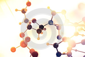 Molecular, DNA and atom model in science research lab