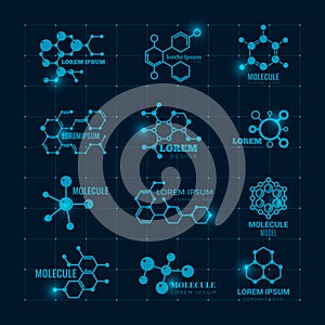 Molecular logo with shine effect. Chemistry dna molecule scientific structure atom icons vector set