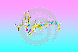 Molecular model of alfentanil. It is a potent but short-acting synthetic opioid analgesic drug, used for anesthesia in