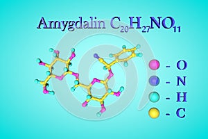 Molecular model of amygdalin, vitamin B17. Atoms are represented as spheres with color coding: oxygen pink, nitrogen