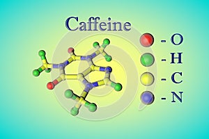 Molecular model of caffeine. Atoms are represented as spheres with color coding: oxygen red, hydrogen green, carbon