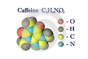 Molecular model of caffeine. Atoms are represented as spheres with color coding: oxygen red, hydrogen grey, carbon