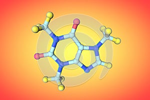 Molecular model of caffeine. Medical background. Scientific background. 3d illustration