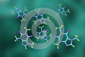 Molecular model of caffeine, a stimulant and psychoactive drug. Medical background. 3d illustration