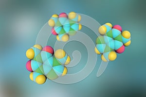 Molecular model of caffeine, a stimulant and psychoactive drug. Scientific background. 3d illustration