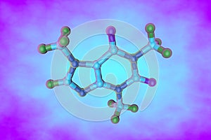 Molecular model of caffeine, a stimulant and psychoactive drug. Scientific background. 3d illustration