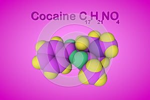 Molecular model of cocaine. Atoms are represented as spheres with color coding: oxygen green, nitrogen blue