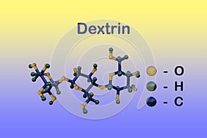 Molecular model of dextrin or maltodextrin, a polysaccharide that is used as a food additive. 3d illustration