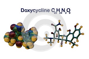 Molecular model of doxycycline, an antibiotic used to treat a number of bacterial infections, including acne, urinary