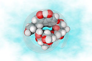 Molecular model of flavonoid hesperidin. Atoms are represented as spheres with color coding: carbon grey, oxygen red