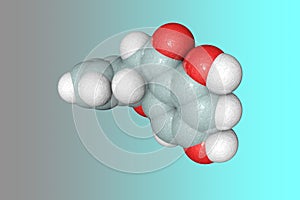 Molecular model of flavonoid naringenin. Atoms are represented as spheres with color coding: carbon grey, oxygen red