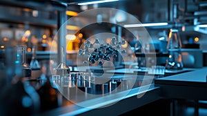 A molecular model floats above a lab bench in a modern laboratory