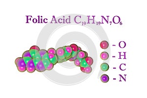 Molecular model of folic acid. Atoms are represented as spheres with color coding: oxygen red, hydrogen pink, carbon photo