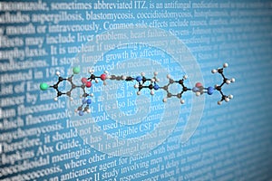 Molecular model of itraconazole, 3D rendering