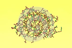 Molecular model of leptin on yellow background. It is the human obesity protein that regulates an appetite. Medical