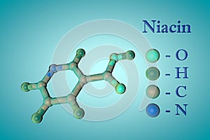 Molecular model of niacin, vitamin B3. Atoms are represented as spheres with color coding: oxygen light blue, hydrogen