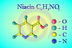 Molecular model of niacin, vitamin B3. Atoms are represented as spheres with color coding: oxygen red, hydrogen light