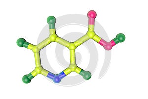 Molecular model of niacin, vitamin B3. Dietary supplements. Medical background. Scientific background. 3d illustration