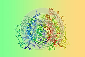 Molecular model of recombinant human interleukin-22. Rendering based on protein data bank entry 1m4r. Rainbow coloring