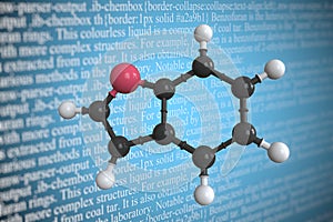 Molecular model of benzofuran, 3D rendering
