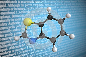 Molecular model of benzothiazole, 3D rendering