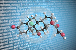 Molecular model of fludrocortisone, 3D rendering