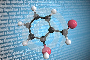 Molecular model of salicylaldehyde, 3D rendering