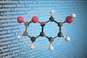 Molecular model of umbelliferone, 3D rendering