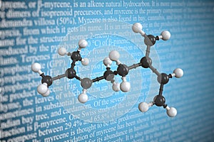 Myrcene scientific molecular model, 3D rendering