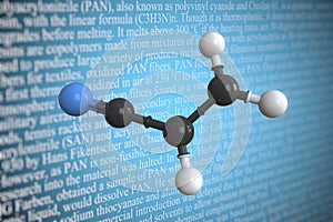 Polyacrylonitrile scientific molecular model, 3D rendering