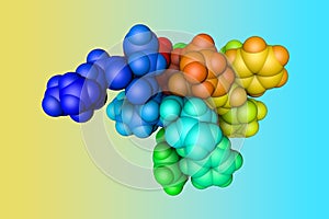 Molecular model of somatostatin-14, a natural cyclic peptide hormone. Rendering based on protein data bank entry 2mi1