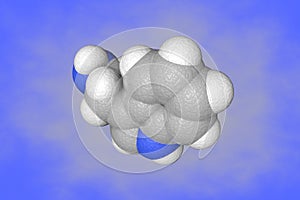 Molecular model of tryptamine. Atoms are represented as spheres with color coding: carbon grey, nitrogen blue