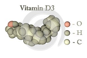 Molecular model of vitamin D3, cholecalciferol. Scientific background. 3d illustration