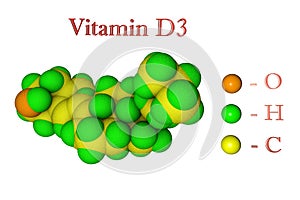 Molecular model of vitamin D3, cholecalciferol. Scientific background. 3d illustration