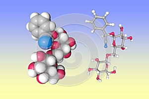 Molecular models of amygdalin (laetrile, vitamin B17). Atoms are represented as