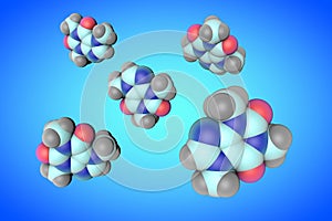 Molecular models of caffeine. Medical background. Scientific background. 3d illustration