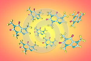 Molecular models of caffeine. Medical background. Scientific background. 3d illustration