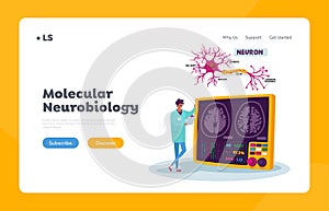 Molecular Neurobiology Landing Page Template. Tiny Scientist Male Character Wearing Medical Robe Look on Human Brain