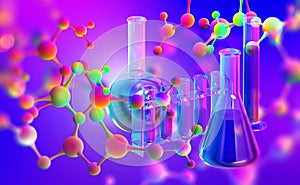 Molecular structure. 3D illustration of flasks and test tubes