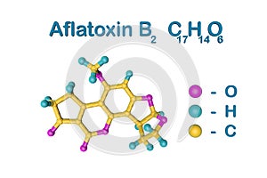 Molecular structure of aflatoxin B2. Atoms are represented as spheres with color coding: oxygen pink, hydrogen light photo