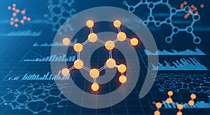Molecular structure analysis with graphs and data visualizations on grid background