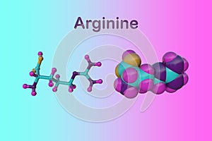 Molecular structure of arginine, an essential amino acid used in the biosynthesis of proteins. Medical background