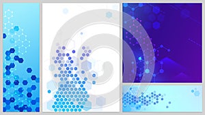Molecular structure banners set. Connecting lines and dots, hexagons abstract tech background. Science network